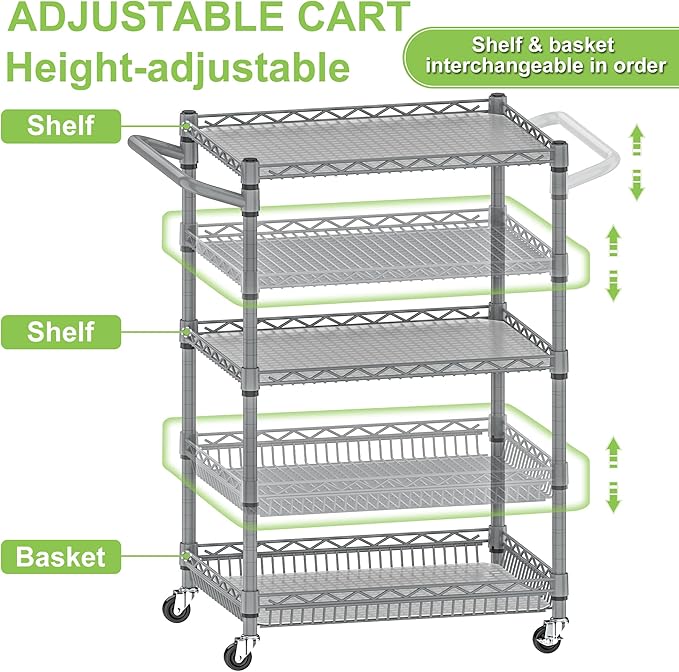 3 Tier Rolling Utility Carts with Wheels Heavy Duty Storage Cart 750Lbs Capacity Adjustable Kitchen Metal Organizer Cart with Handle & Shelf Liner Commercial Service Trolley for Indoor & Outdoor Use