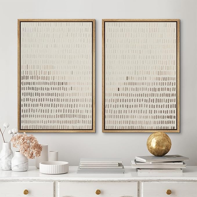 MUDECOR Framed Canvas Print Wall Art Neutral Abstract Dot Illustrations Modern Art Decorative Bohemian Colorful Chic for Living Room, Bedroom, Office - 16"x24"x2 Natural
