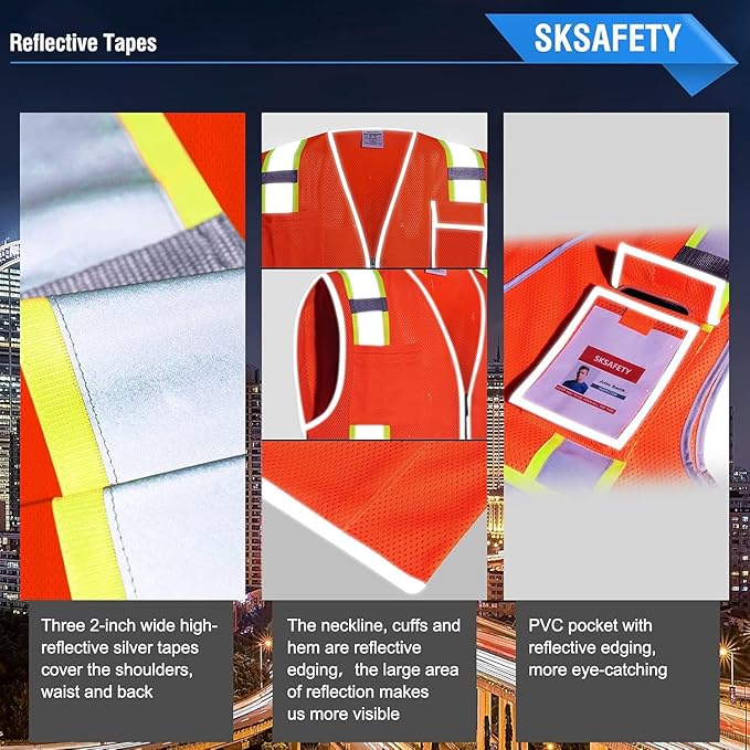 SKSAFETY 10 Pockets Safety Vest, Class 2 High Visibility Security with Zipper Double-sided mesh, Hi Vis Vest with Reflective Strips, ANSI/ISEA Standard, Construction Work Vest （Orange, L）
