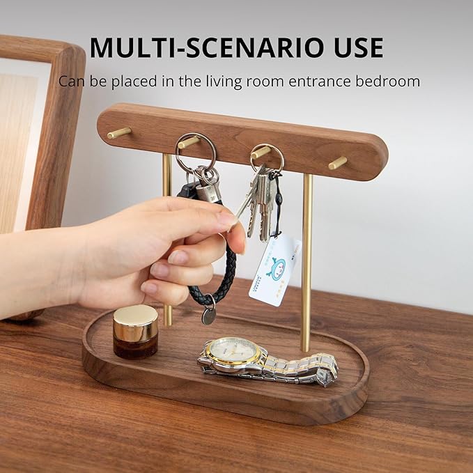 muso wood Walnut Key Stand for Entryway Table, Wooden Key Holder with 4 Hooks, Perfect for Key Trays, Valuables Trays, Jewelry Trays