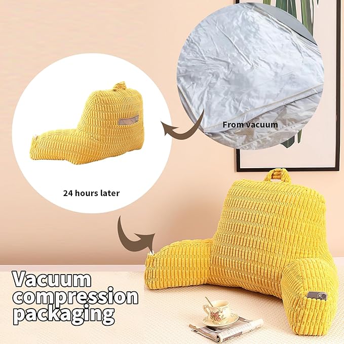 Reading Pillow for Sitting in Bed, Large Backrest Reading Pillow with Arm Rest,Back-Rest Support Cushion for Sit Up on Couch, Sofa, and Floor, Dorm Essentials (Yellow Corduroy, Large(19"))