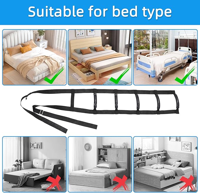 JFMkaer Bed Ladder Assist, Adjustable Bed Ladder Straps with Handles, 6 Handle Bed Ladder Straps Pull Up Assist Device for Elderly Patient Safety and Stability