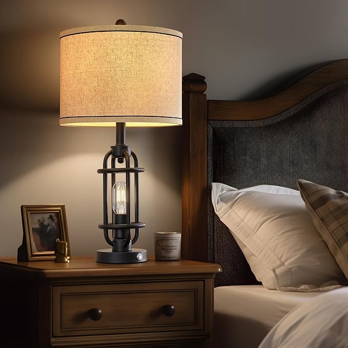 23.75'' Industrial Black Metal Table Lamps Living Room Lamp for Nightstand Bedroom lamp Single Bedside End Side Table Lamps Home Decor Touch Lamp Modern Lamps with USB Ports, Bulbs Included