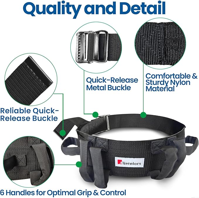 Aliseniors Gait Belt for Seniors 300lbs - Transfer Belt with 6 Handles & Quick Release Buckle for Elderly Patient Lifting, Bariatric Safety Assist, Nursing Home Physical Therapy