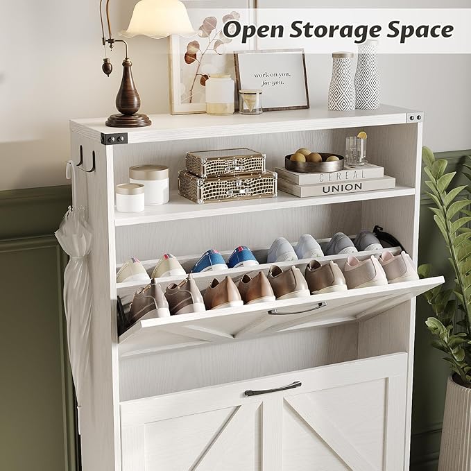 Shoe Cabinet with 2 Flip Drawers & Open Storage,Farmhouse Shoe Storage Cabinet for Entryway,Freestanding Narrow Organizer Rack with Legs,Foyer,Hallway,White