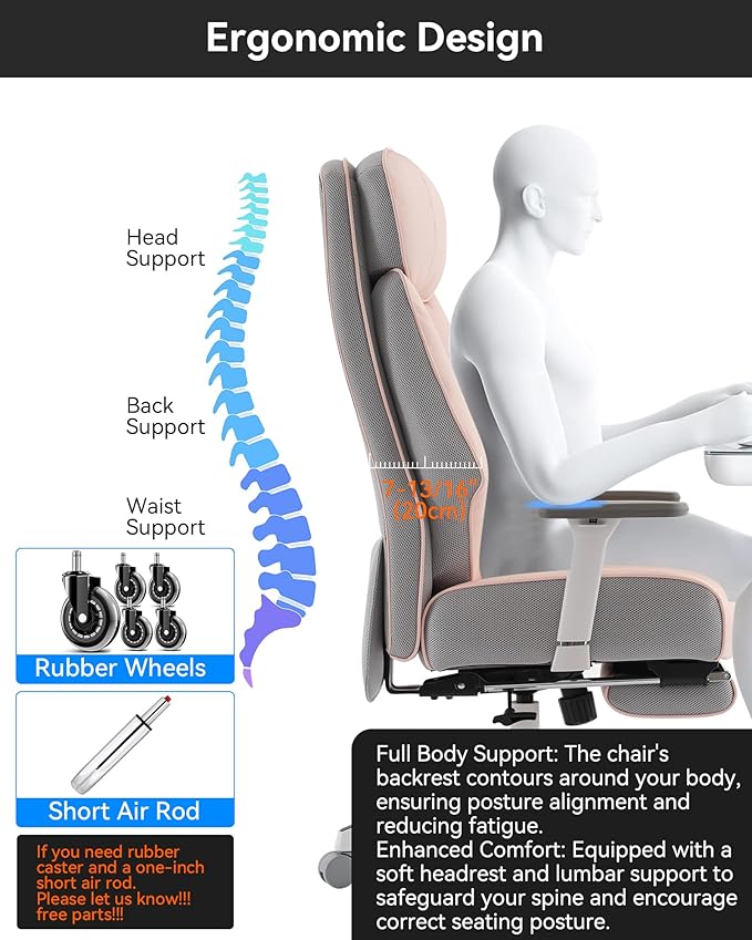 DJ·Wang Big and Tall Office Chair 400lbs with Foot Rest, High Back Executive Office Chair with Extra-Thick Spring Cushion, Ergonomic Leather Chairs Pink