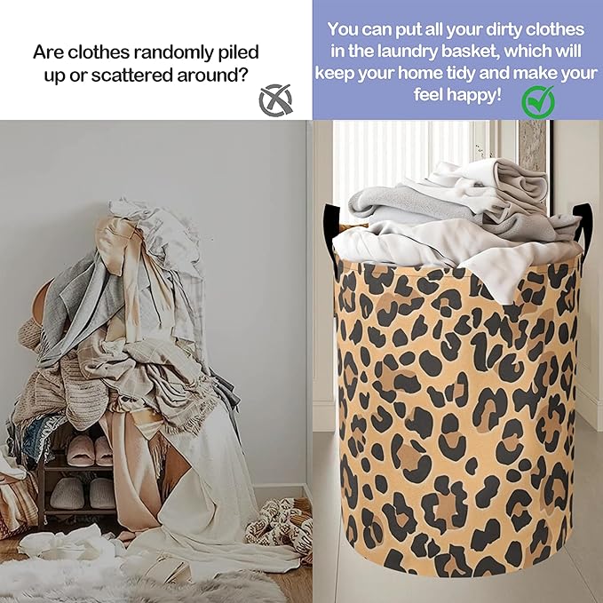 Retro Leopard Print Laundry Hamper Large Canvas Fabric Lightweight Storage Basket/Dirty Clothes Collapsible Waterproof for College Dorms, Boys and Girls Bedroom,Bathroom