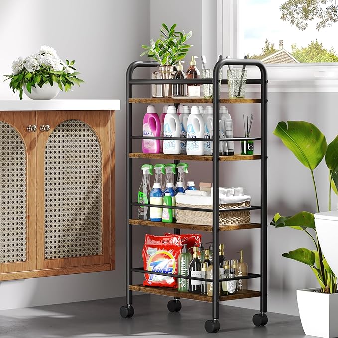 Slim Rolling Cart, 4-Tier Narrow Storage Cart with Handle, 9.1 Inches Deep, Bathroom Shelf for Small Spaces, Kitchen, Dining Room, Living Room, Laundry Room, Rustic Brown