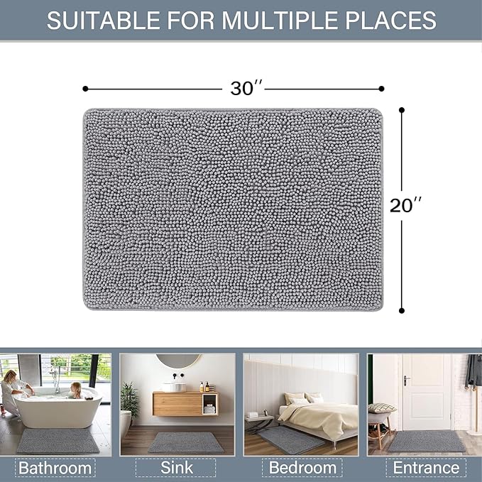 LOCHAS Luxury Bathroom Rug Shaggy Bath Mat 20 x 30 Inch, Washable Non Slip Bath Rugs for Bathroom Shower, Soft Plush Chenille Absorbent Carpets Mats, Gray