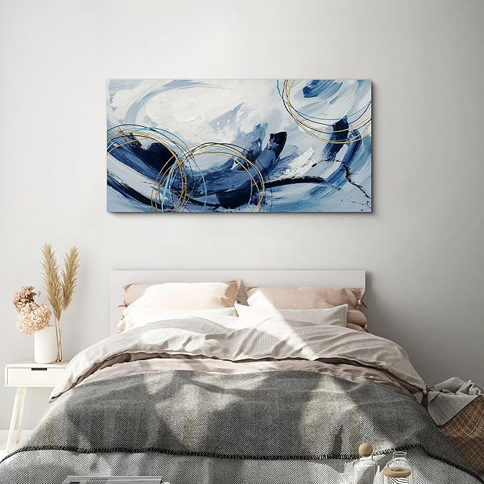 yiijeah Large Canvas Wall Art for Living Room - Blue and White Abstract Picture Framed Artwork for Walls Bohemian Minimalism Prints Paintsings Wall Decor for Office Bedroom 48x24 Inches