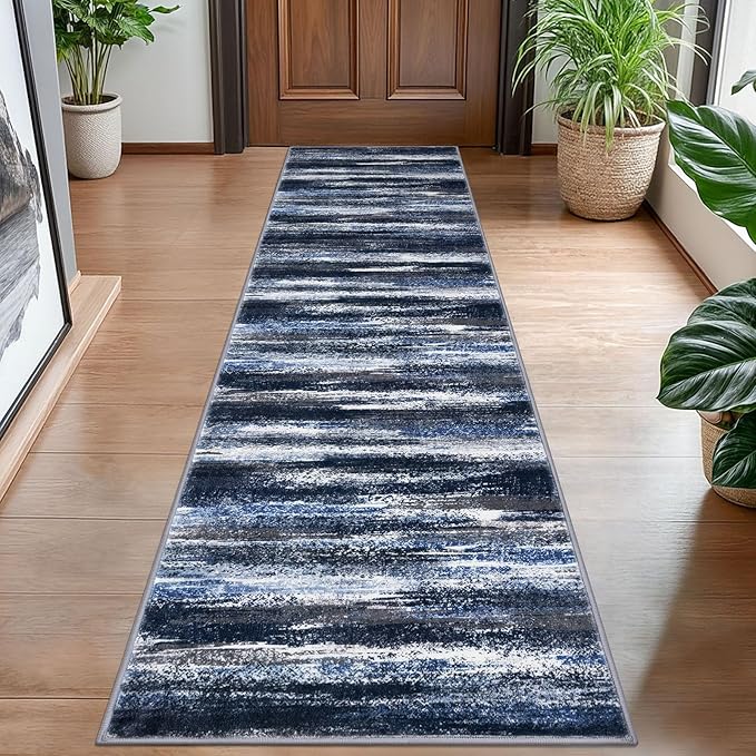 Modern Abstract Hallway Runner Rug, Navy Blue Washable Kitchen Runner Non-Slip Soft 2x8 Runner Rug Thin Print Faux Wool Carpet for Entryway Bedroom Laundry Room Indoor