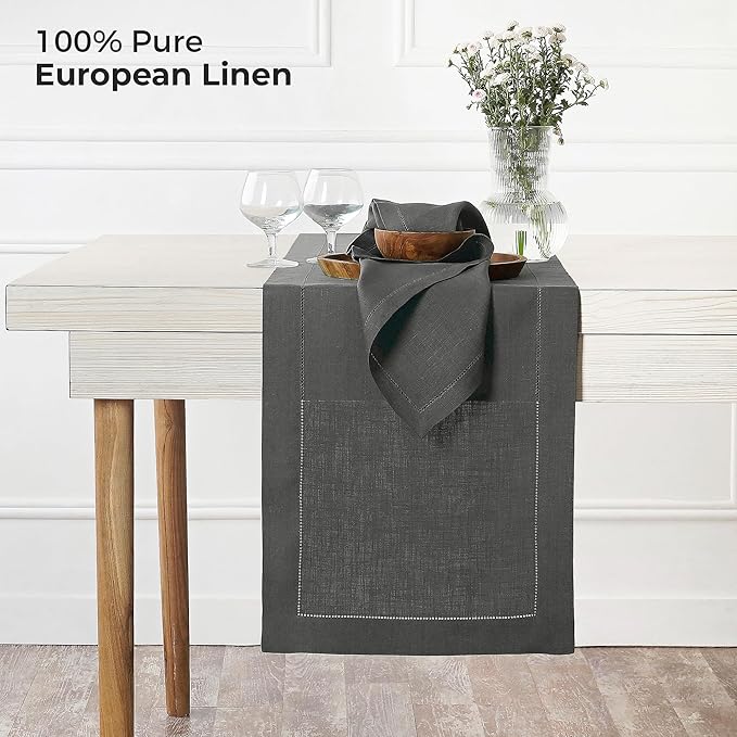 D'Moksha Homes Linen Charcoal Grey Table Runner 84 Inches Long - 100% Pure Linen Table Runner 14 x 84 Inch for Spring, Easter - Classic Hemstitch