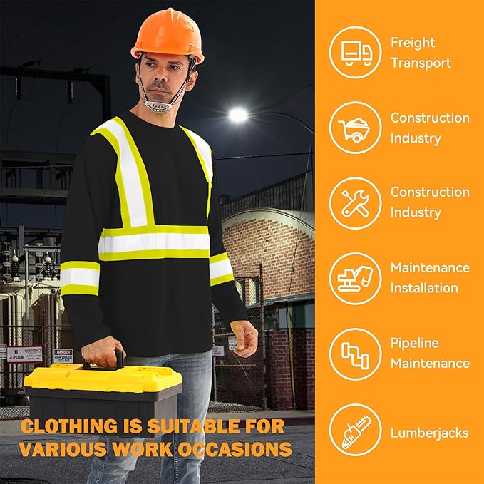 Hi Vis Safety Long Sleeve Shirts，High Visibility Class 3 T Shirts with Reflective Strips and Pocket, Quick Dry Mesh Construction Work Shirt for Men/Women (Black,L)