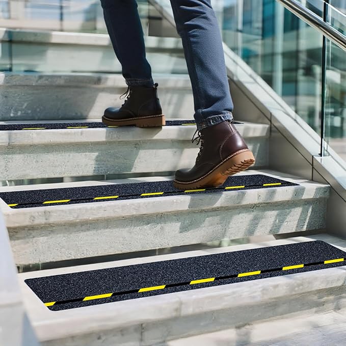 LifeGrip Anti Slip Stair Treads with Reflective Stripe (10-Pack), 6" X 28", Ourdoor Grip Tape Non Slip, Waterproof Safety Non Skid Tape, High Traction Friction Abrasive Adhesive for Step, Black/Yellow