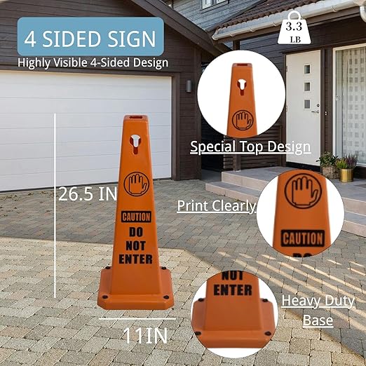BESEA 8 Pack Red Safety Cones Caution DO NOT Enter Sign 4-Sided Heavy Duty Traffic Cones with Weighted Base for Restricted Areas, Construction Zones, Private Property