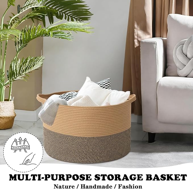 Large Storage Basket with Handle,23.6" x 23.6" x 15.7" Blanket Basket Storage Bins for Organizing,65L Cotton Rope Woven Baskets for Living Room, Nursery,Bedroom,Jute&Black