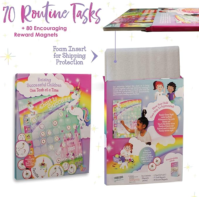 Unicorn Chart to Success| Magnetic Dry Erase| Daily Routine Responsibility Chore Chart for Kids| 80 Reward Tiles| 70 Tasks, Including Behavior and Self-Care| Fun Design for Girls| Raising a Star