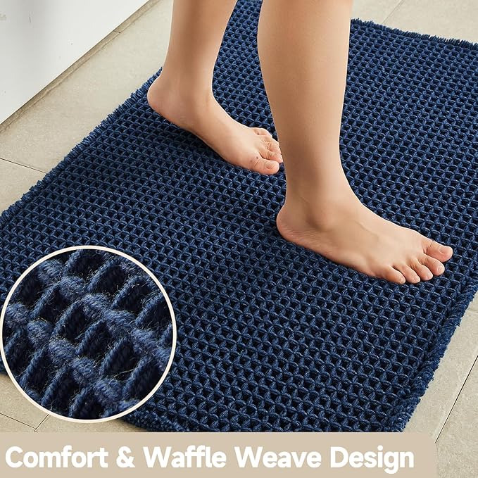 Waffle Bath Mat, Boho Bathroom Rugs Non Slip Washable Super Absorbent Quick Dry Bath Mat Farmhouse Bathroom Decor, 24"x16" Navy Blue