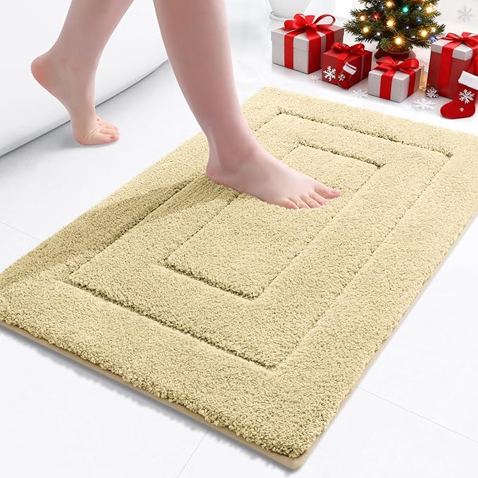 Buganda Bathroom Rugs, 24" x 16", Soft and Absorbent Microfiber Bath Rugs, Non-Slip Shaggy Shower Carpet, Machine Wash Dry Bath Mats for Bathroom Floor, Tub and Shower, Beige