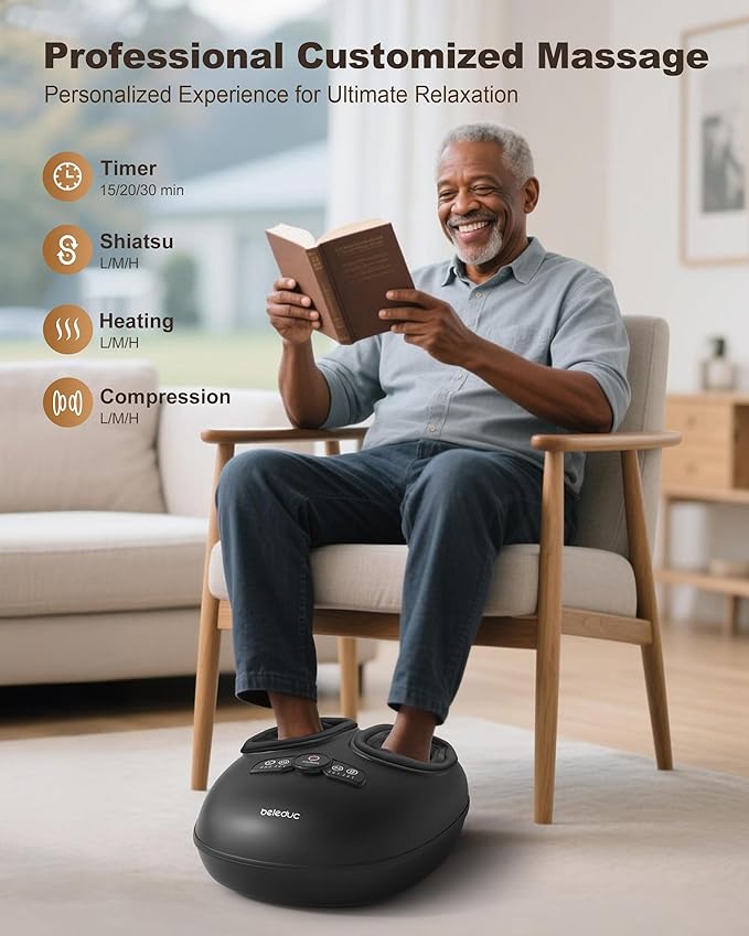 Beleduc Foot Massager with Heat and Compression, Deep Kneading Shiatsu Foot Massager for Plantar Fasciitis & Neuropathy, 3 Intensities, Washable Covers, Fits Up to Men Size 14