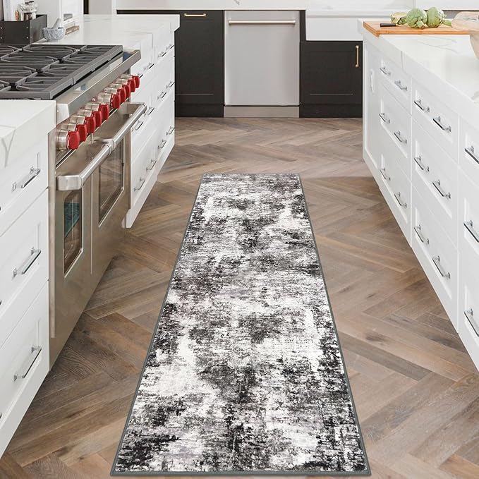 Modern Abstract Runner Rug 2x6, Black Grey Washable Kitchen Runner Non-Slip Soft Hallway Rug Runner Thin Print Faux Wool Carpet for Entryway Bedroom Laundry Room Indoor Home Decor