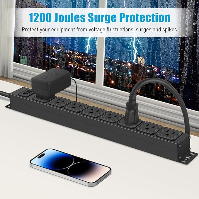 HHSOET Magnetic Mount Power Strip, 8 Outlet Mountable Socket, Metal Heavy Duty Surge Protector, Gaming Table Outlet, Easy to Fix Without Drilling or Taping, 10FT Extension Cord.(Black)