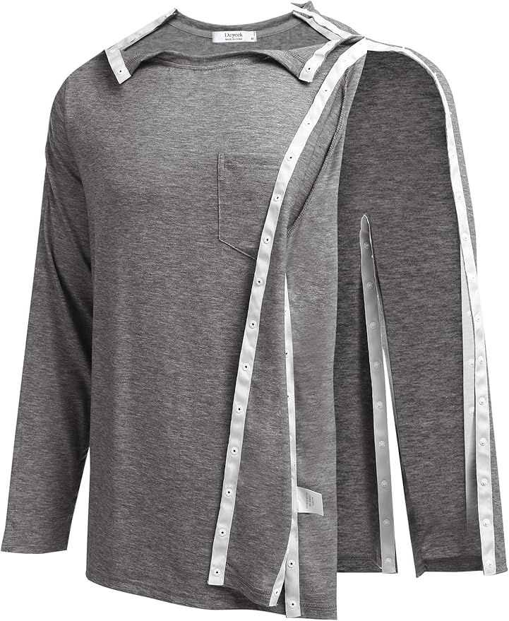 Deyeek Men's Post Shoulder Surgery Recovery Shirts Full Tear Away Long Sleeve Snap Chemo Port Access Shirt
