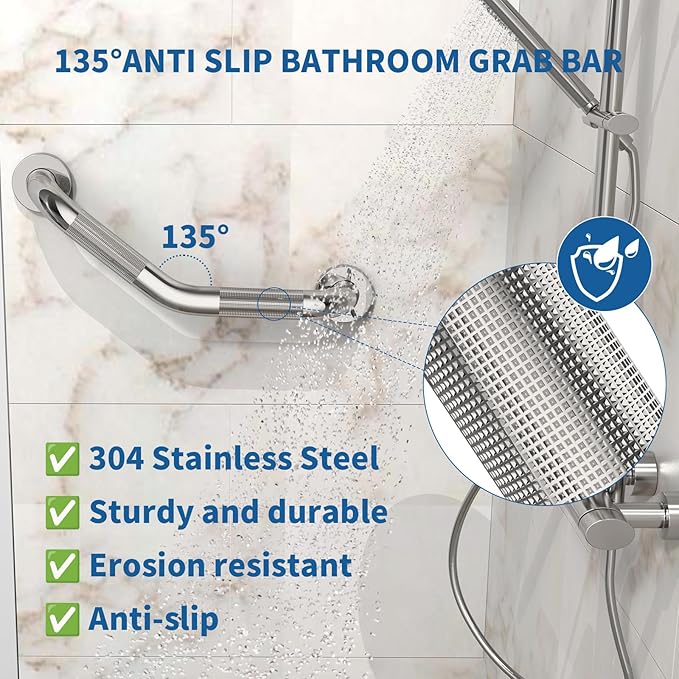 16 Inch Angled Shower Grab Bar, Munzong Anti Slip Satin Brushed Nickel Bathroom Grab Bar, Knurled Bathroom Balance Bar,Safety Hand Rail Support Handicap Elderly Injury Senior Assist Bath Handle