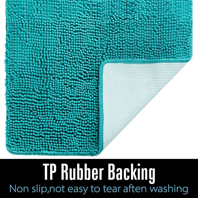 LOCHAS Luxury Bathroom Rug Shaggy Bath Mat 24 x 48 Inch, Washable Non Slip Bath Rugs for Bathroom Shower, Soft Plush Chenille Absorbent Carpets Mats, Teal Blue