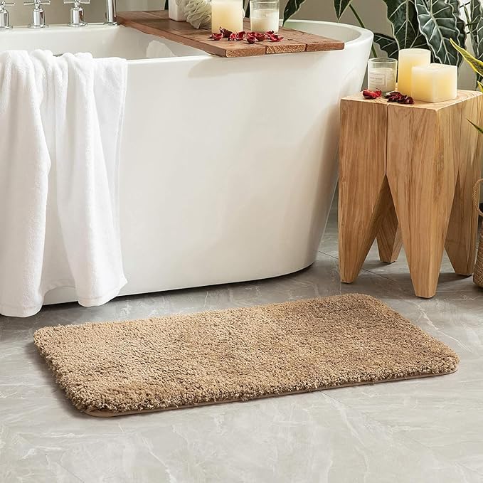 MIULEE Extra Thick Non Slip Bathroom Rug Shaggy Soft Bath Mat Plush Microfiber Absorbent Water for Shower Tub Machine Washable (Light Brown, 24x48 Inches)