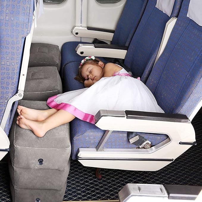 Inflatable Travel Foot Rest Pillow (2-Pack) Adjustable Height Leg Pillow Fast Inflating Airplane Bed for Toddlers Footrest Pillow for Office, Airplane, Train, Cars, Home (Grey)