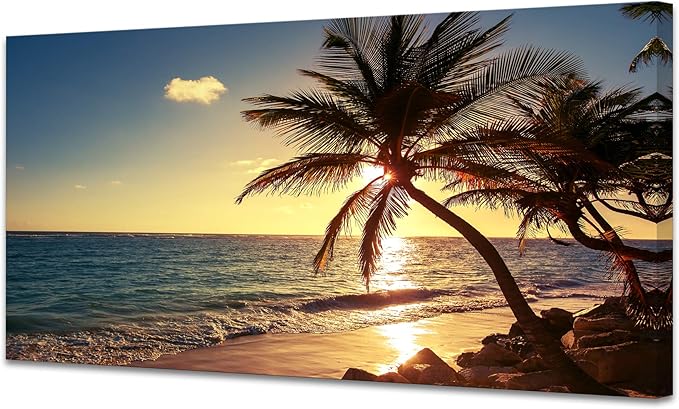 Muolunna S04962 Wall Art Decor Large Canvas Print Picture Sunset Ocean Beach Waves 1 Panel Coconut tree Scenery Painting Artwork for Office Home Decoration Stretched and Framed Ready to Hang XLarge