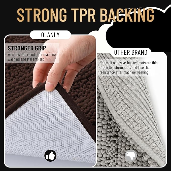 OLANLY Thick Bathroom Rugs 44x24, Extra Soft Absorbent Chenille Striped Bath Rugs, Rubber Backing, Machine Wash Dry, Bath Mats for Bathroom Floor, Tub and Shower, Home Decor Accessories, Brown