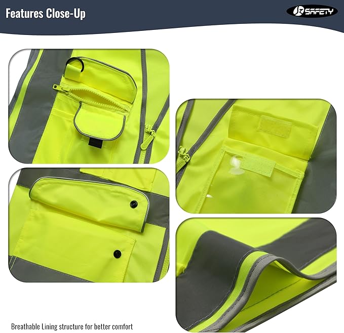 JKSafety 9 Pockets Class 2 High Visibility Zipper Front Safety Vest With Reflective Strips,Meets ANSI/ISEA Standard (Large, 150-Yellow)