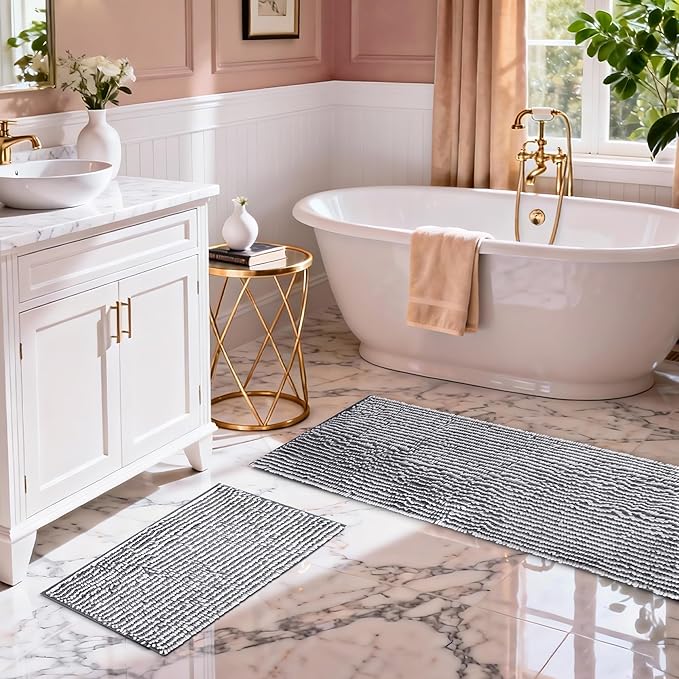 Bathroom Rugs Runner Mats 2 Piece Long Sets Bath Rug Extra Absorbent Chenille Kitchen Mat Set Non Slip Striped Machine Washable Quick Dry Tub Shower Accessories 47x20+24x17 Inch, Grey White