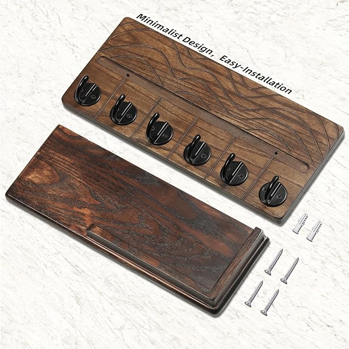 Key Holder Wall Decor-11.8" Solid Ash Wood Entryway Organizer with 6 Hooks & Extra Deep Storage Rack for Key, Mail, Wallet, Leash, Glasses, Hand-Polished & Stained, Easy-Assembly