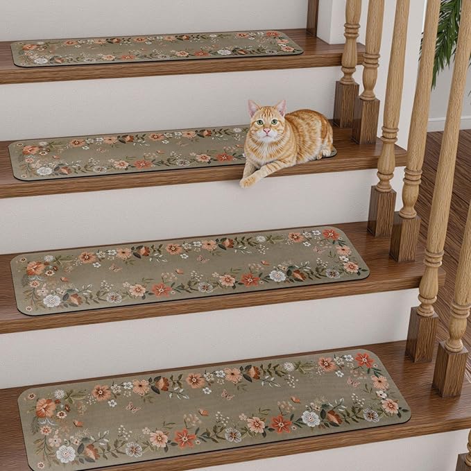 OJIA Floral Stair Treads Non-Slip Stair Runners for Wooden Steps Indoor 15PCS 30"x8" Carpet Stair Treads Mats Staircase Step Treads for Kids, Elders and Dogs, Stair Covers, Brown