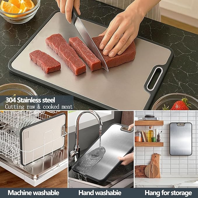 Stainless Steel Cutting Boards for Kitchen,Non Toxic Cutting Board Double sided, 2-in-1 Wheat Straw PP Kitchen Chopping Board for Meat and Fruit. Non-Slip,Easy to Clean,Dishwasher Safe (16x11 In)