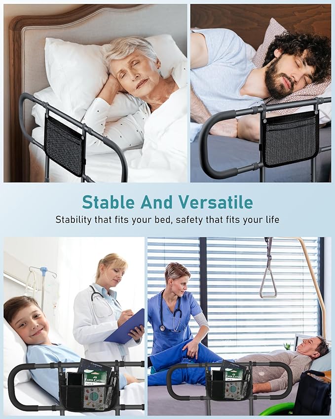 AMOVO Bed Rails for Elderly Adults Safety Bed Guard Rails for Seniors Extended Handle Bed Assist Rail with Sensor Light Storage Pouch, Stable Bedside Cane Support Bar Grab, Fit King Queen Full Twin
