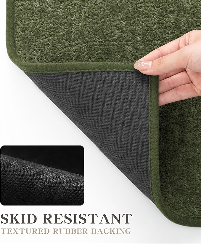 chakme 2 Piece Bathroom Rug Set, Ultra Thin Bath Mat, Absorbent, Non Slip, Machine Washable, Dark Green, 17" x 24", 30", 60"