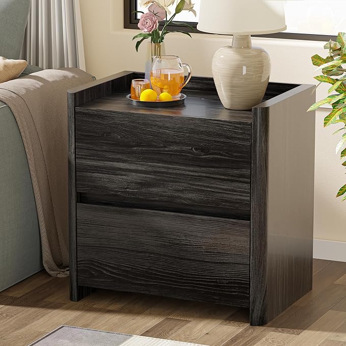 Nightstand with 2 Storage Drawer, Modern End Table for Bedroom with Cut-Out Handle, Large Night Stands for Bedroom, Home Office, Set of 1, Dark Grey
