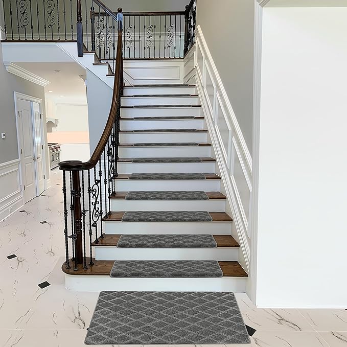 PURE ERA Bullnose Carpet Stair Treads Set Tape Free Non-Slip Indoor Stair Protectors Pet Friendly Rugs 9.5" x 30"(2 Pieces,Grey Diamond Trellis)