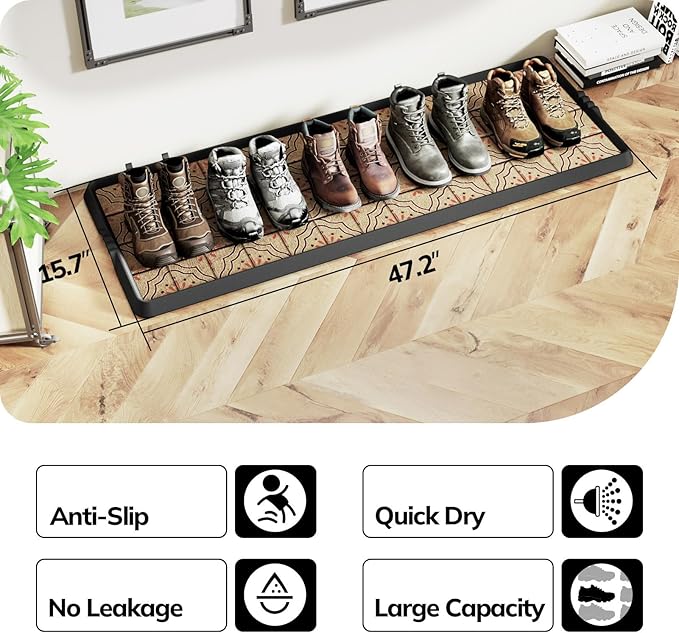 Mibao Boot-Tray Heavy Duty Rubber Shoe Mat with Lip Waterproof Shoe Tray for Entryway Indoor Outdoor Multi Use, Non-Slip Shoe Cleaning Shoe Storage with Artistic Prints, 16" x 47.5", Brown