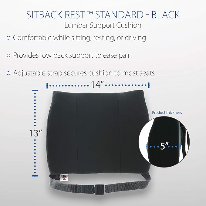 Core Products Sitback Rest Cushion Lumbar Support for Lower Back & Office Chair, Adjustable Strap Contoured Foam, Black - 13" x 14" x 5", Made in The USA