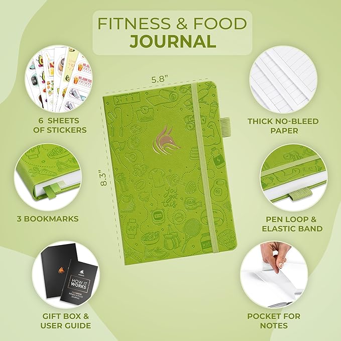 Clever Fox Fitness and Food Journal Premium – Guided Daily Workout, Meal & Weight Loss Tracker for Women & Men – Exercise Diet Planner (Apple Green)