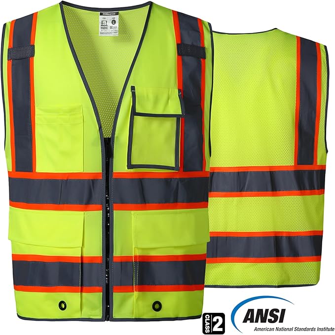 SKSAFETY 10 Pockets Safety Vest, Class 2 High Visibility Security with Zipper Back Mesh, Hi Vis Vest with Reflective Strips, ANSI/ISEA Standard, Construction Work Vest for Men ＆ Women （Lime, XL）