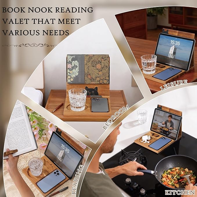 Book Holder Stand for Reading Rest, Wooden Foldable Book Rest with Book Page Holder, Cup, iPad & Phone Stand, Book Nook Reading Valet Desktop Triangle Bookstand Bookshelf for Readers Bookworms Gifts