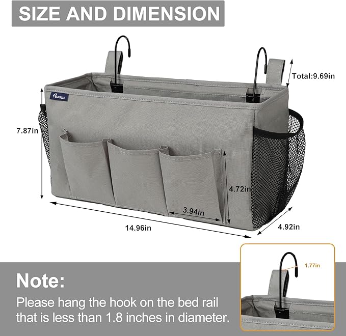 Surblue Bedside Organizer with Hook Caddy Hanging Storage Bag with Adjustable Straps and Water Bottle Holder for Home, College Dorm, Hospital Bed, Grey, 2PCS
