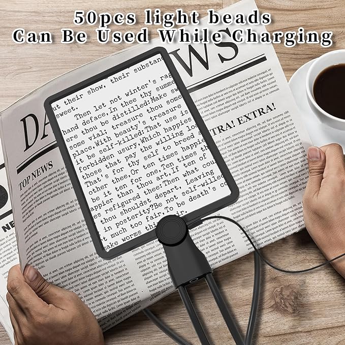 Hands Free 9.4"x6.7" Full-Page 5X Magnifying Glass for Reading, Large Lighted Magnifier with 50 LED Lights, Flexible Gooseneck Magnifier for Neck Wear Repair Sewing Low Vision Elderly