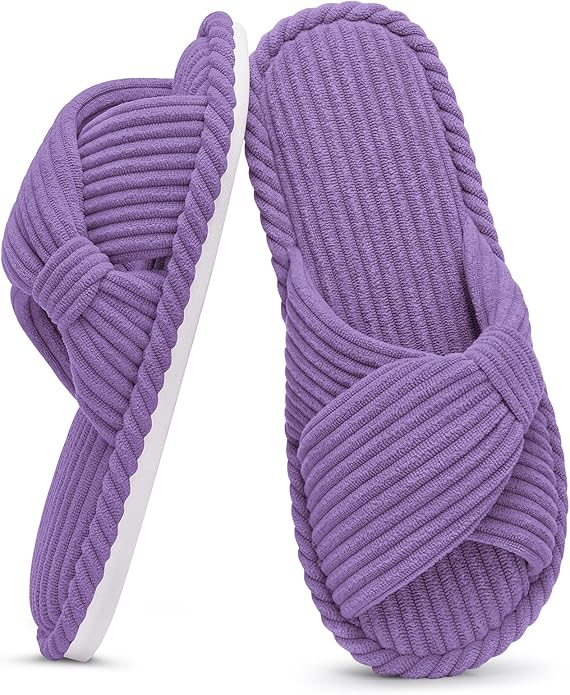 Evshine Fall House Slippers for Women Corduroy Cross Bow Indoor Slippers Open Toe Slip On Bedroom Shoes with Memory Foam